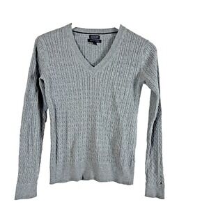 Tommy Hilfiger Gray Cable Knit V-Neck Sweater S/P Women's Preppy Y2K Academia